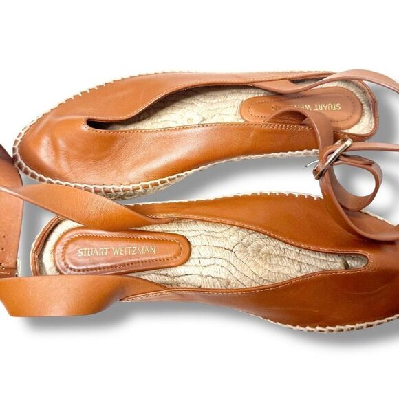Stuart Weitzman Toga Cognac Brown Leather Ankle Wrap Espadrille Women’s Size 7 M - Picture 10 of 13